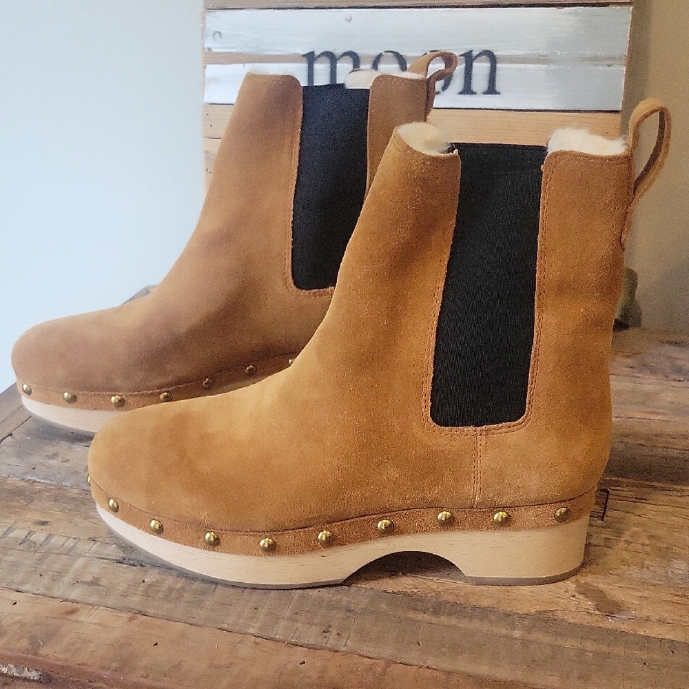 J. Crew Faux Fur Lined Clog Pecan Boots In Suede With Stud Detail